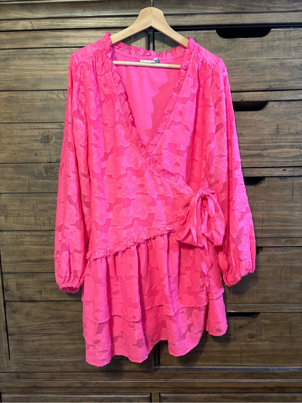 ASOS DESIGN Hot Pink Floral Jacquard Wrap Mini Dress Ruffle Tie Waist NWT - Picture 2 of 6